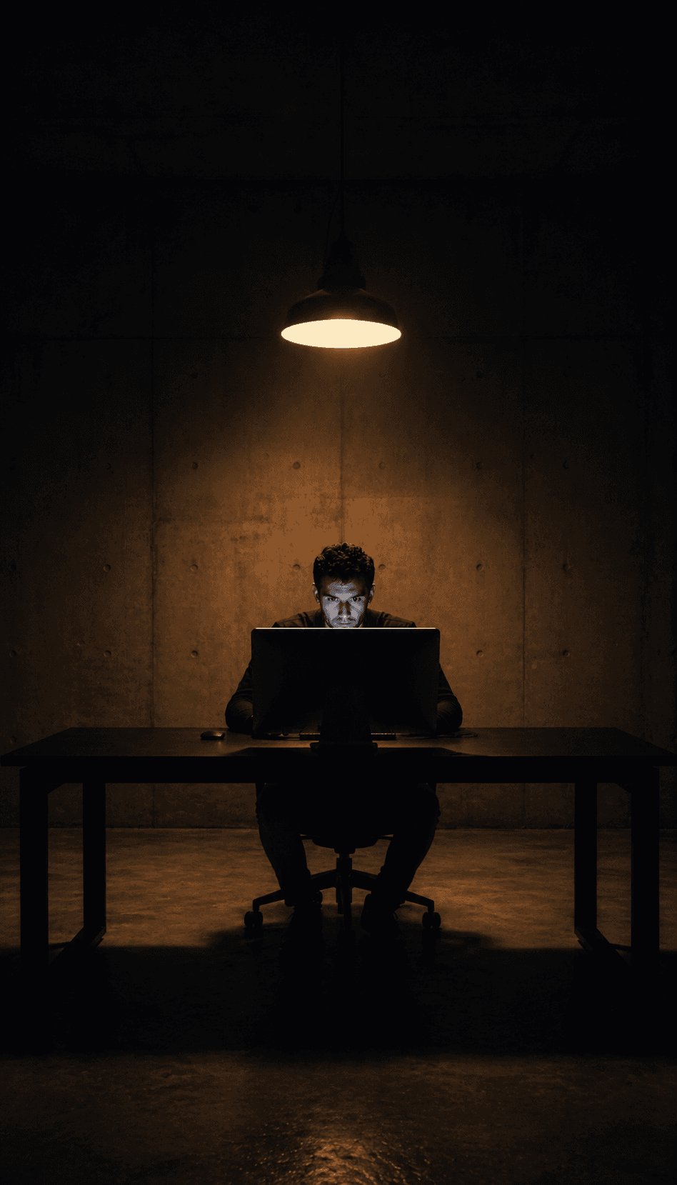 Man in a dim room in front of a city skyline at night, representing the War Room mindset